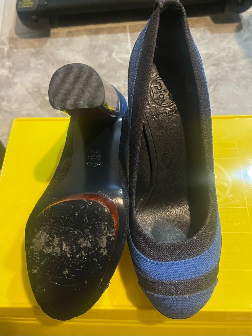 Tory Burch Blue and Black Striped Block Heel Pumps with Gold Logo
